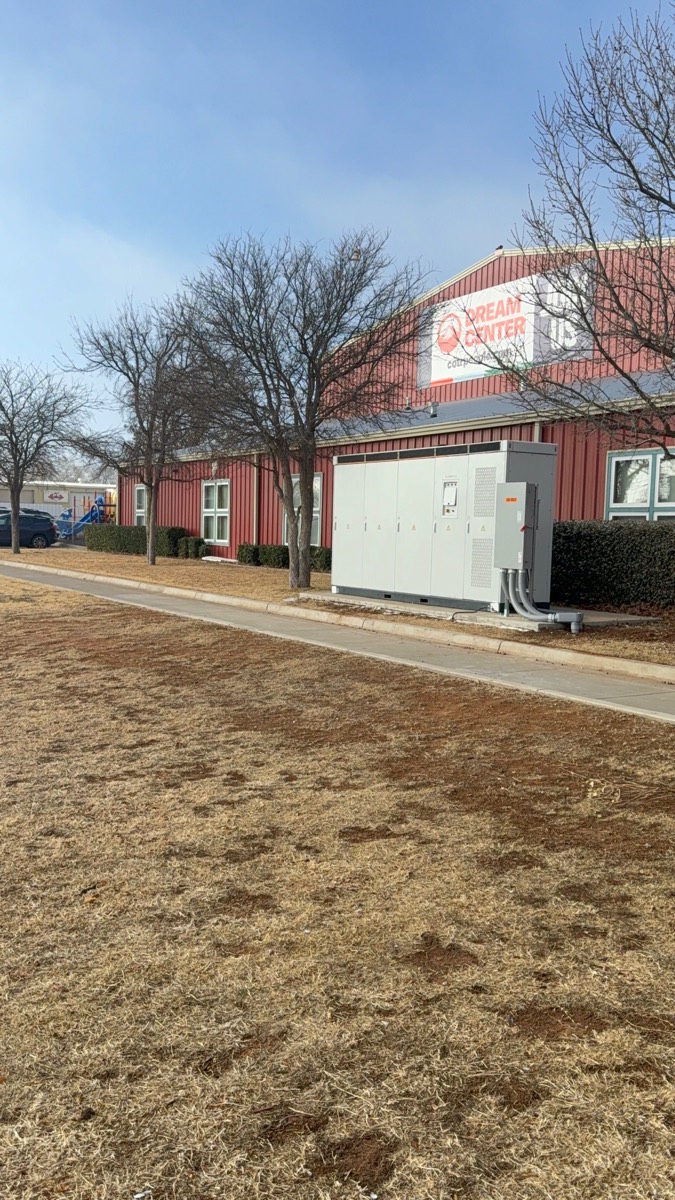 A battery system installed beside a Texas church campus